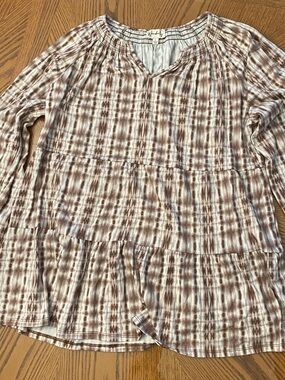 Wonderly Cream & Brown Tiered Tie-Dye Peasant Tunic